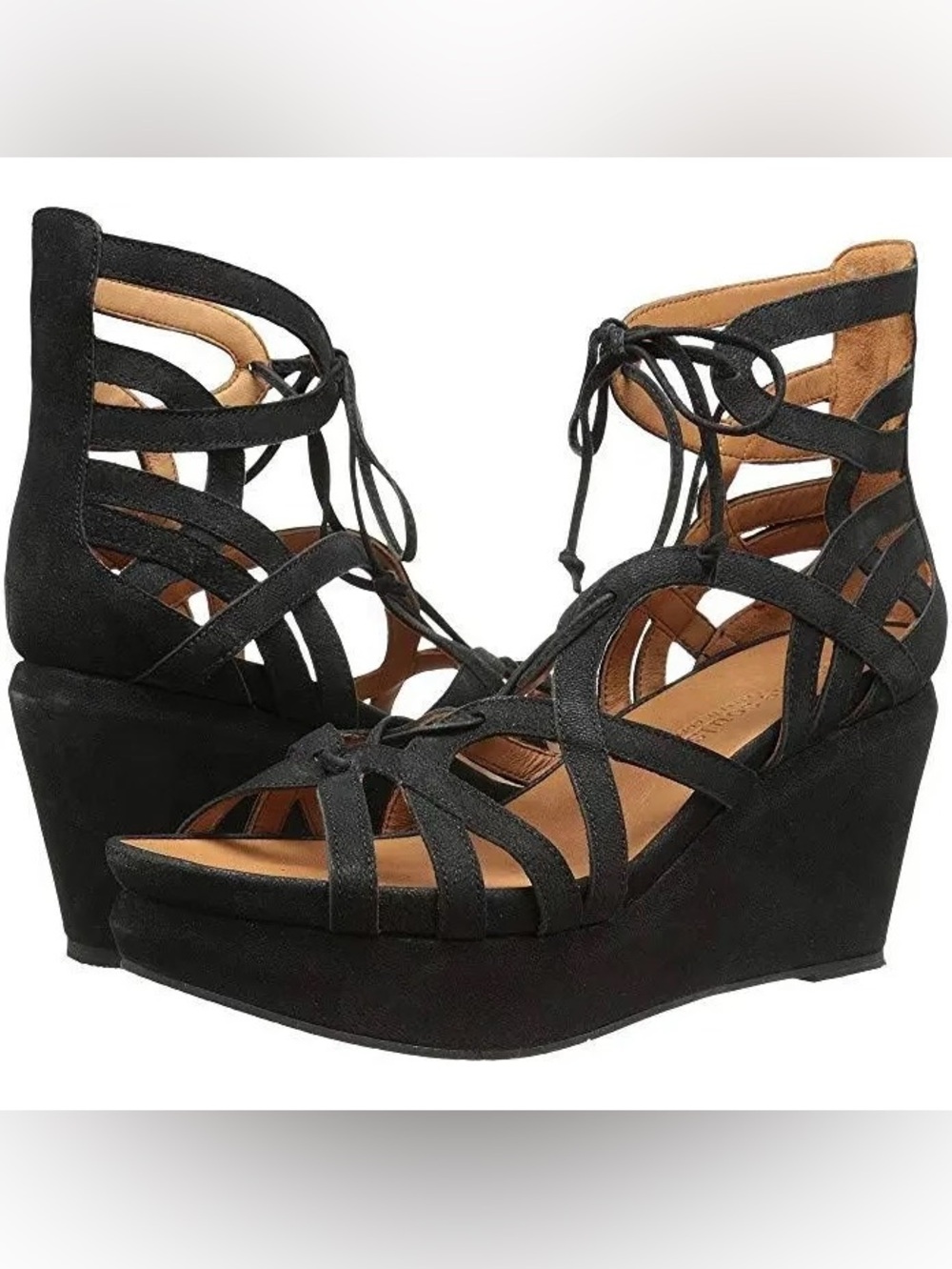 gentle souls Joy Black Suede Lace-Up Wedge Sandals